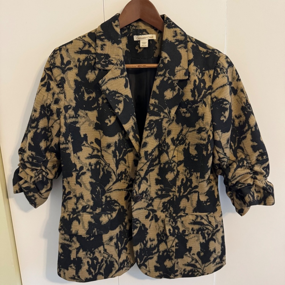 Coldwater Creek Womens Petite Blazer Gold Black Floral Ruched Sleeve PS 6-8